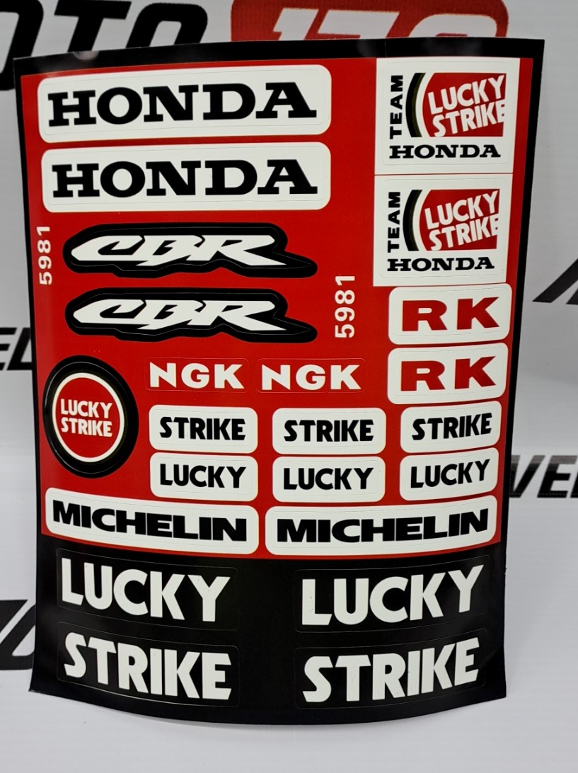 Наклейки: HONDA, CBR, NGK, MICHELIN, TEAM HONDA LUCKY STRIKE, LUCKY STRIKE(18х22)