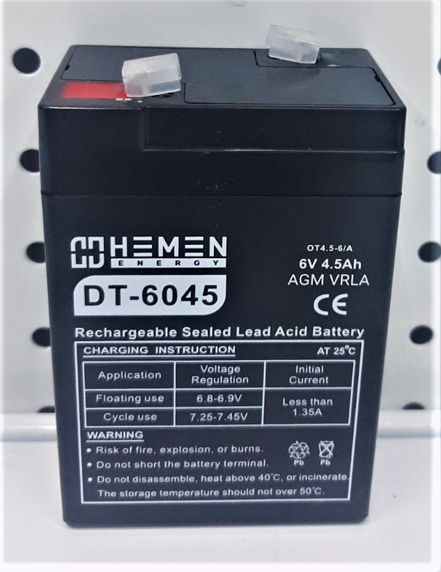 Аккумулятор герметичный 6В 4,5Ач HEMEN ENERGY DT6045(OT4.5-6/A)(70x48x100mm)(электромашинки)
