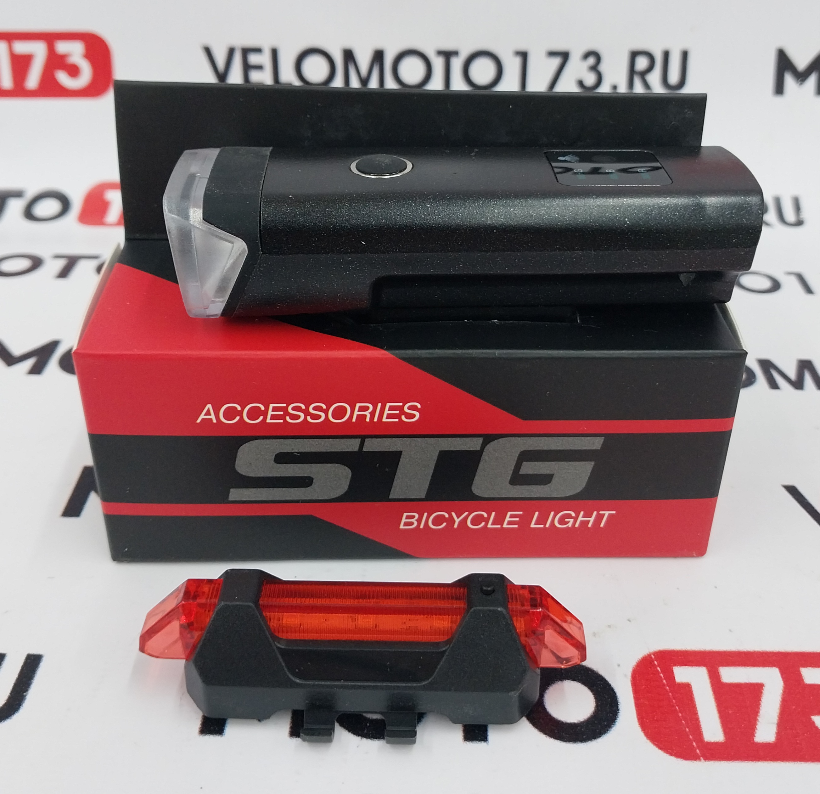 Комплект фонарей STG перед. FL1559 (350 люм. бел. Usb 2000 mAH. С датчиком света ) зад.  TL5411 ( 5 