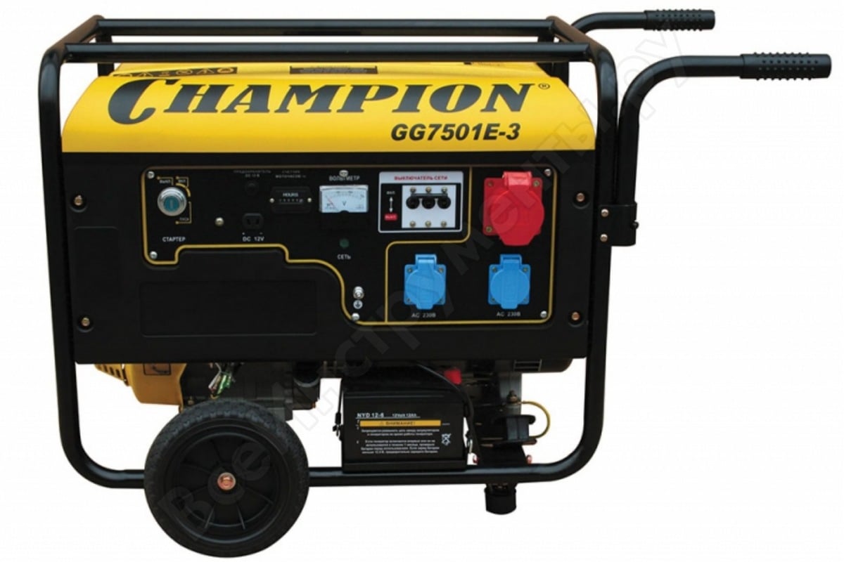 Генератор CHAMPION GG7501E-3 (400В7,5/8,1кВАcosф=0,8 15лс25л230/12В84,2кг,эл.стартер,счетч.колеса)